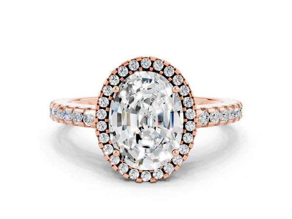 Rose gold Oval Cut Moissanite Halo Engagement Ring with Pavé Band and Prong Setting
