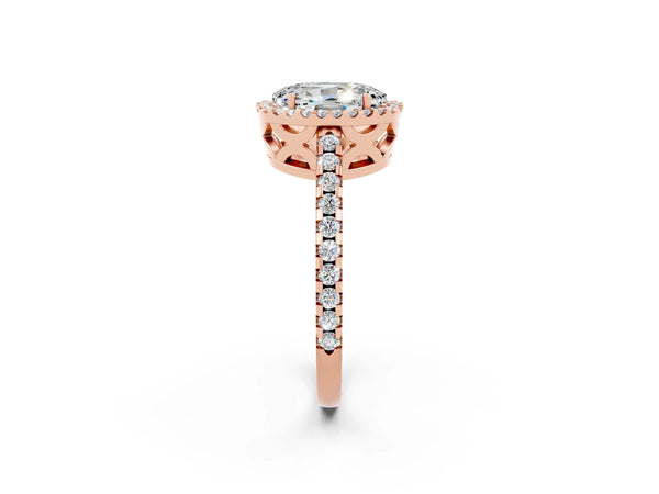 Rose gold Oval Cut Moissanite Halo Engagement Ring with Pavé Band and Prong Setting