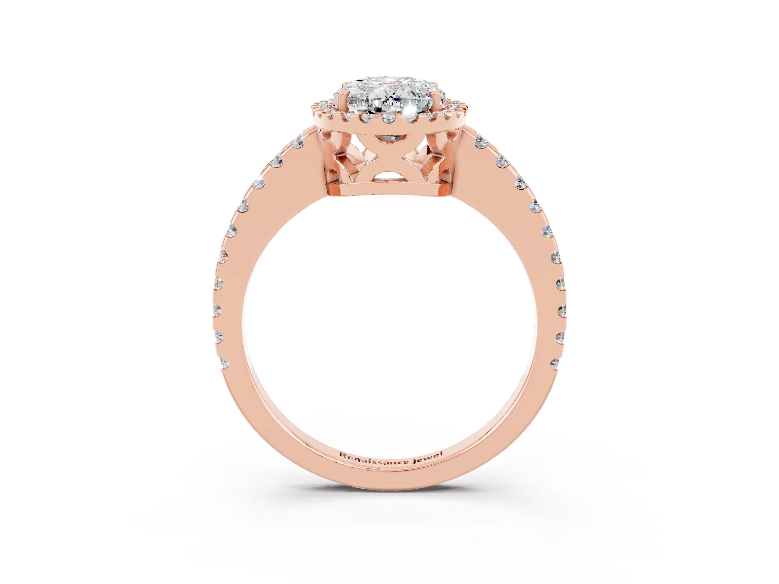 Rose gold Oval Cut Moissanite Halo Engagement Ring with Pavé Band and Prong Setting_15