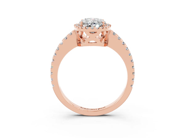 Rose gold Oval Cut Moissanite Halo Engagement Ring with Pavé Band and Prong Setting
