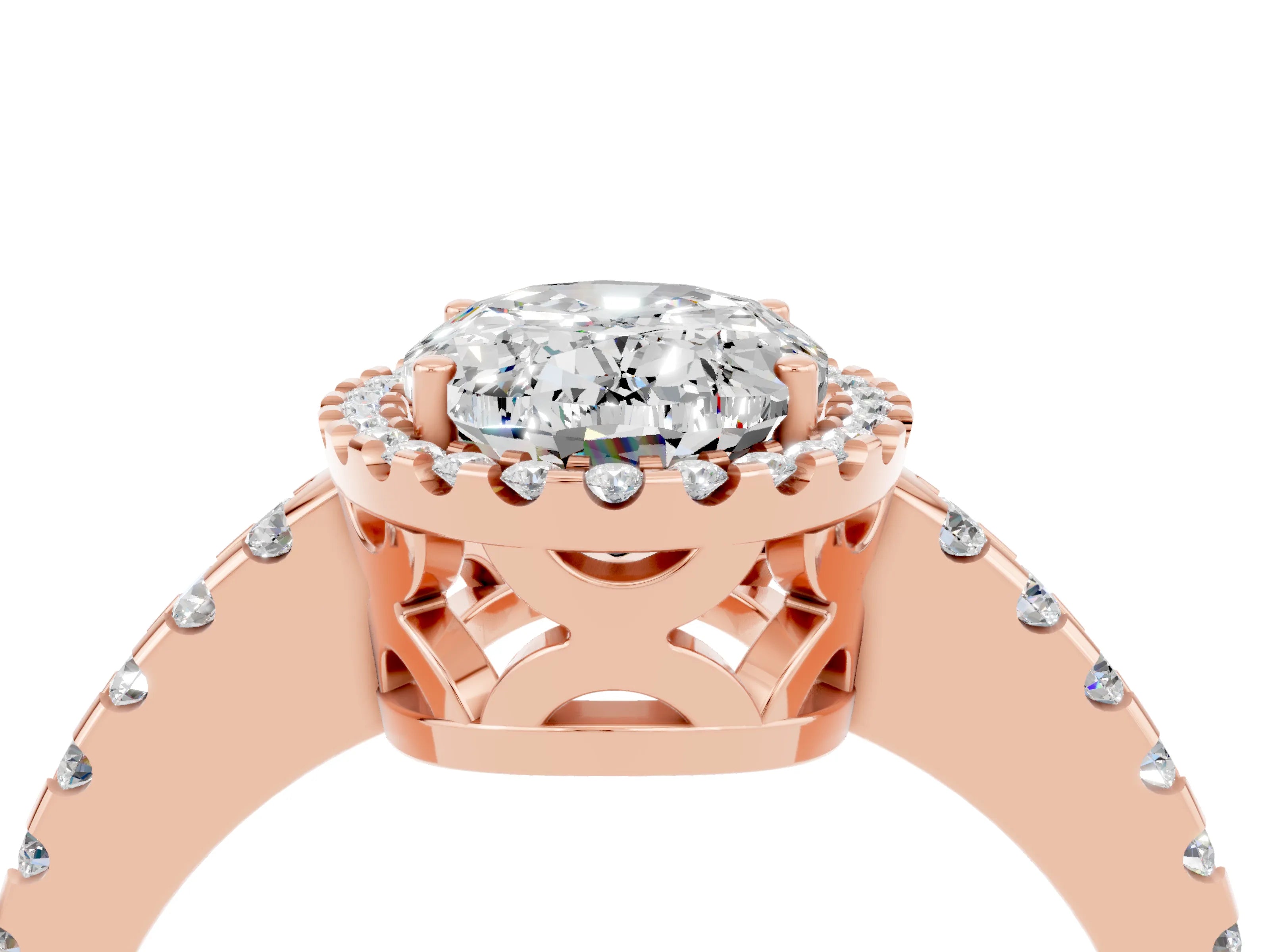 Rose gold Oval Cut Moissanite Halo Engagement Ring with Pavé Band and Prong Setting_16