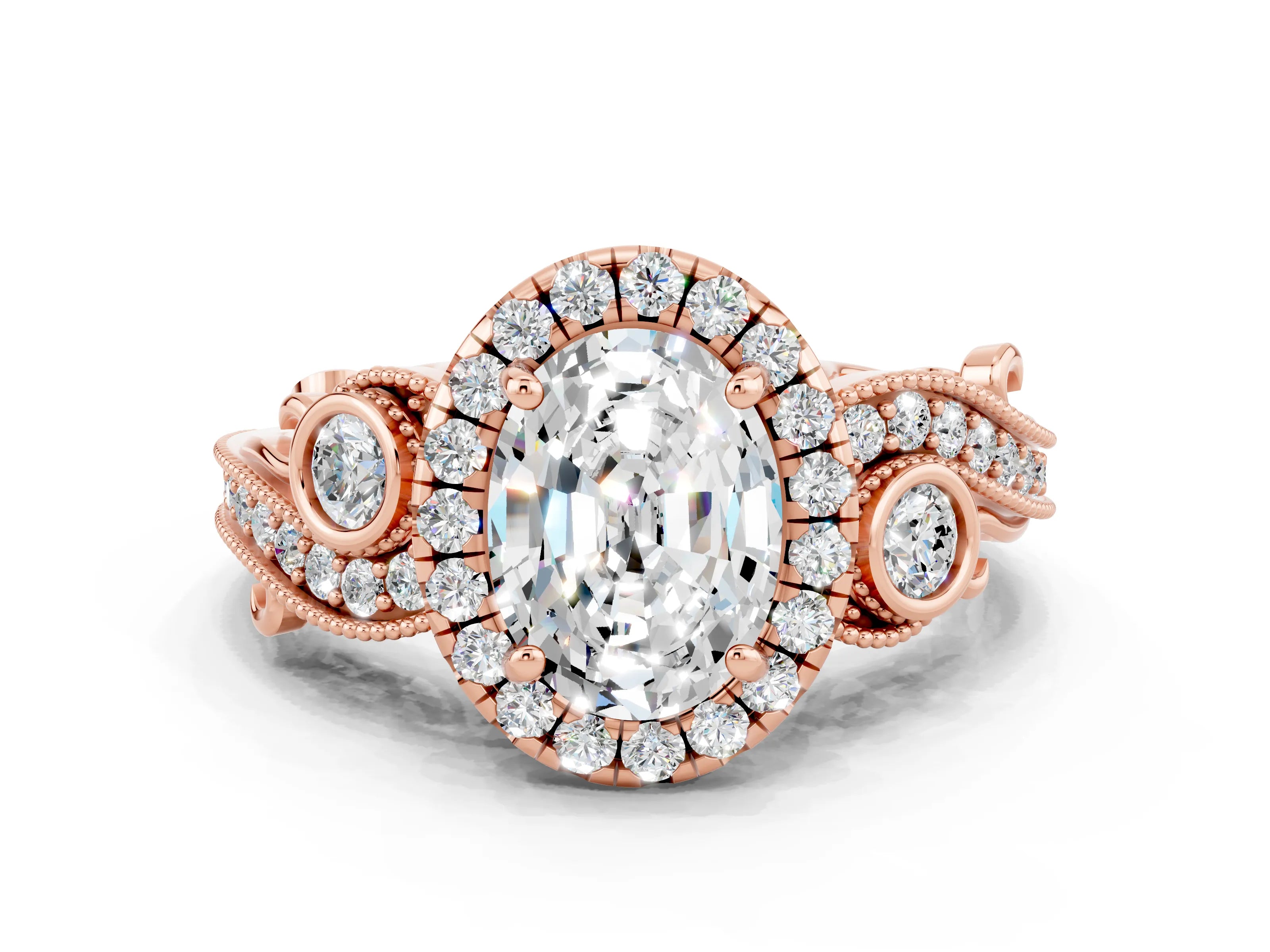 Rose gold Oval Cut Moissanite Halo Ring with Milgrain Pavé Band and Four-Prong Setting_12