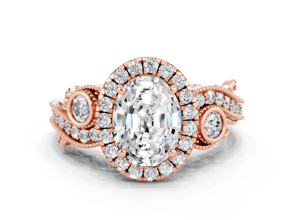 Rose gold Oval Cut Moissanite Halo Ring with Milgrain Pavé Band and Four-Prong Setting