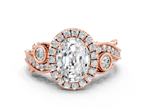 Rose gold Oval Cut Moissanite Halo Ring with Milgrain Pavé Band and Four-Prong Setting_12