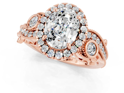 Rose gold Oval Cut Moissanite Halo Ring with Milgrain Pavé Band and Four-Prong Setting_13