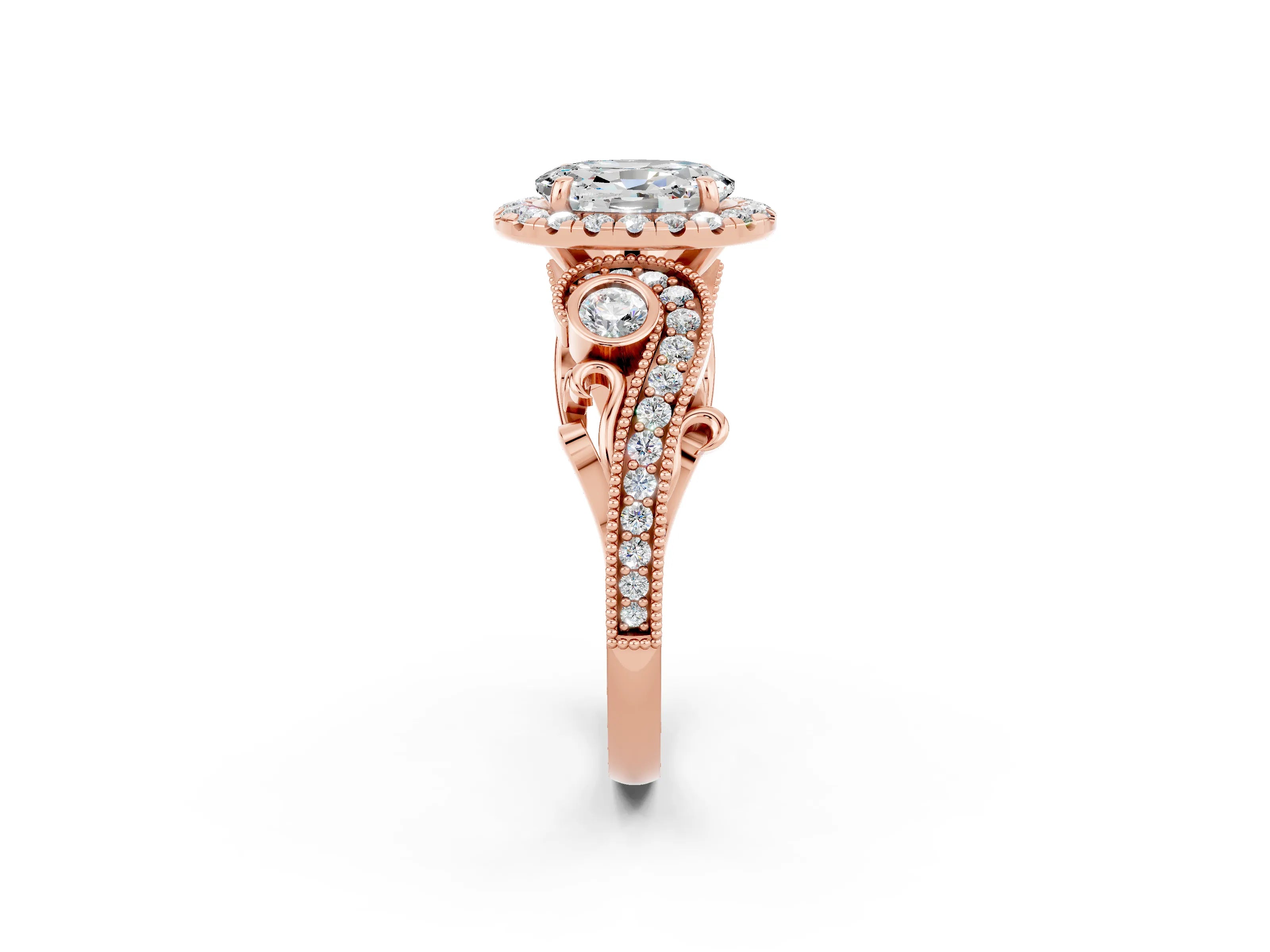 Rose gold Oval Cut Moissanite Halo Ring with Milgrain Pavé Band and Four-Prong Setting_14