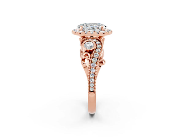 Rose gold Oval Cut Moissanite Halo Ring with Milgrain Pavé Band and Four-Prong Setting