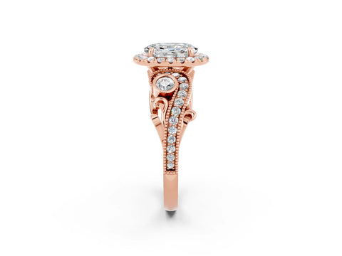 Rose gold Oval Cut Moissanite Halo Ring with Milgrain Pavé Band and Four-Prong Setting_14