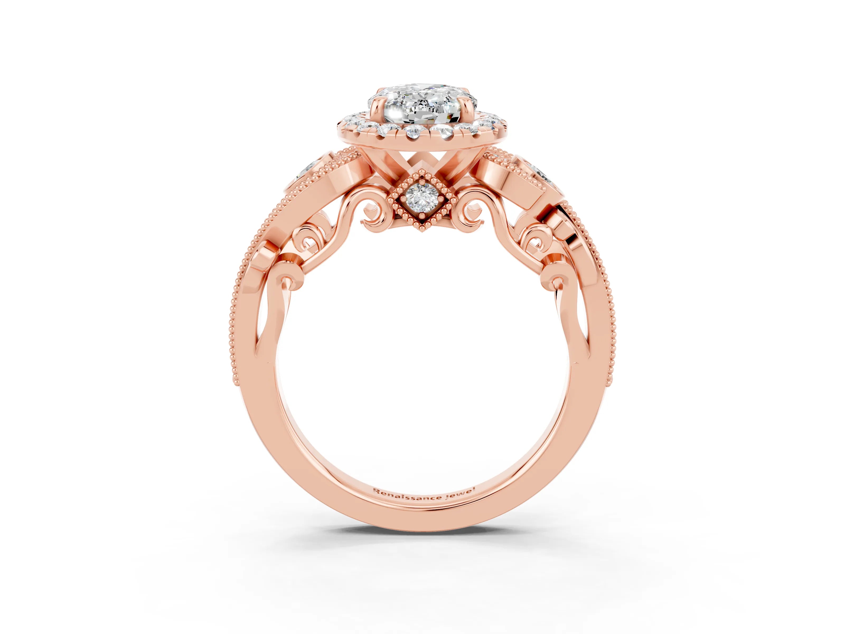 Rose gold Oval Cut Moissanite Halo Ring with Milgrain Pavé Band and Four-Prong Setting_15