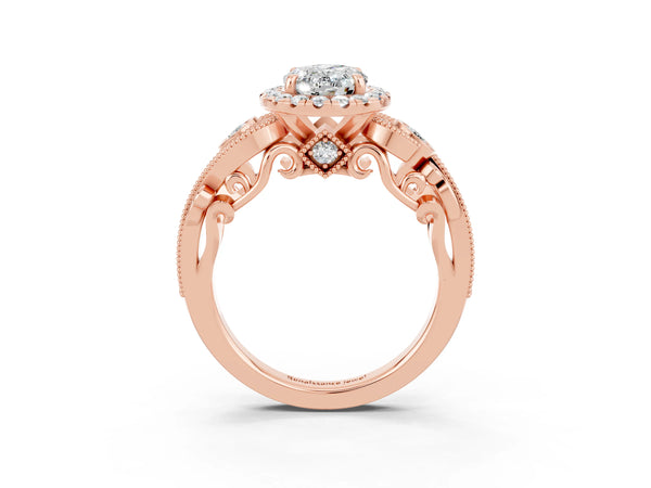 Rose gold Oval Cut Moissanite Halo Ring with Milgrain Pavé Band and Four-Prong Setting
