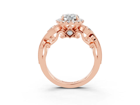 Rose gold Oval Cut Moissanite Halo Ring with Milgrain Pavé Band and Four-Prong Setting_15