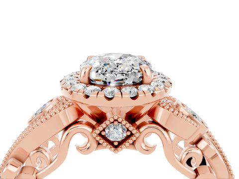 Rose gold Oval Cut Moissanite Halo Ring with Milgrain Pavé Band and Four-Prong Setting_16