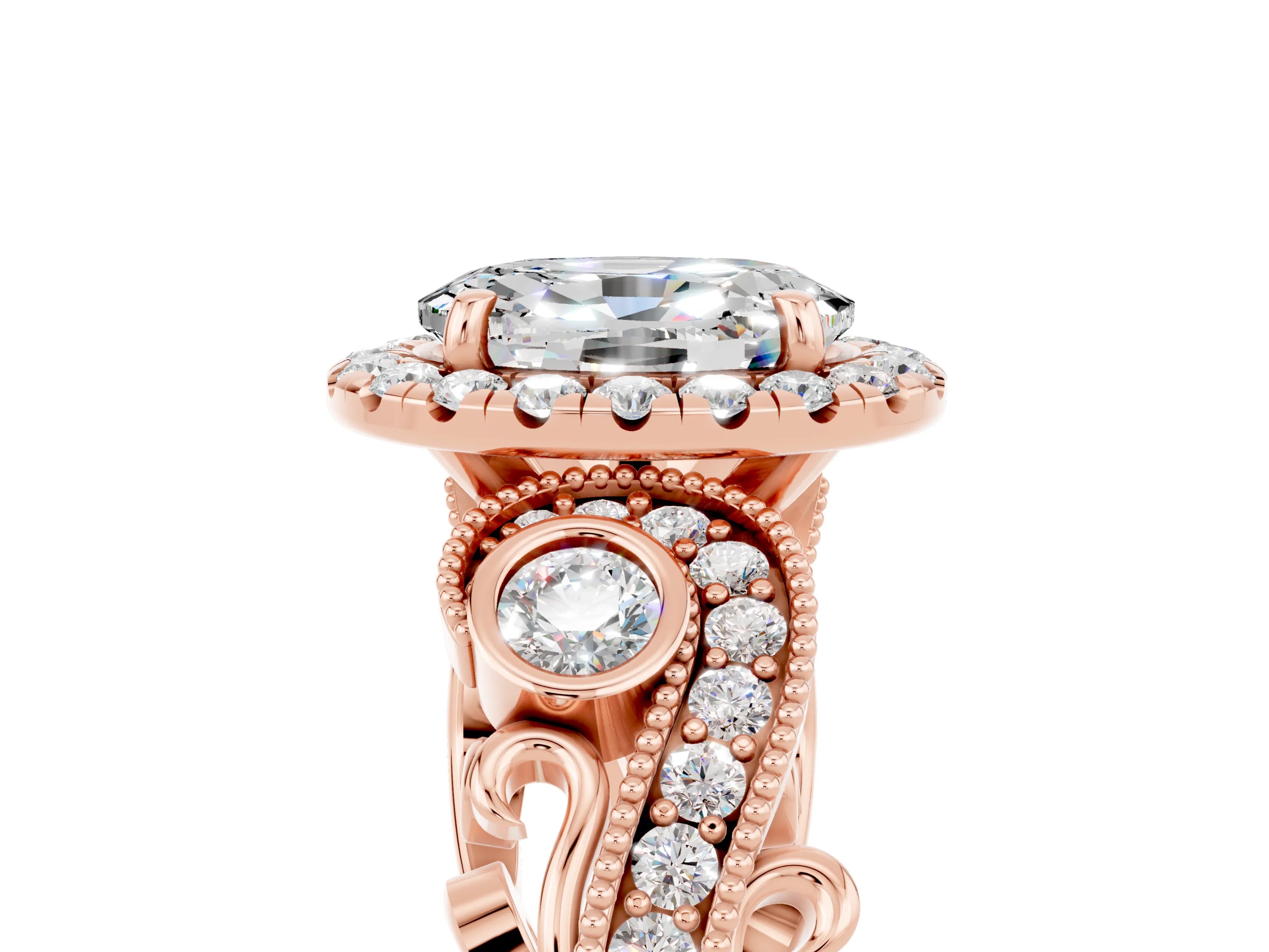 Rose gold Oval Cut Moissanite Halo Ring with Milgrain Pavé Band and Four-Prong Setting_17