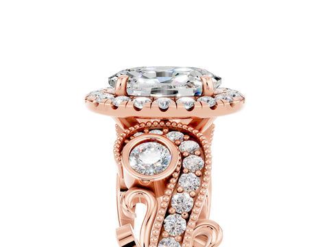 Rose gold Oval Cut Moissanite Halo Ring with Milgrain Pavé Band and Four-Prong Setting_17