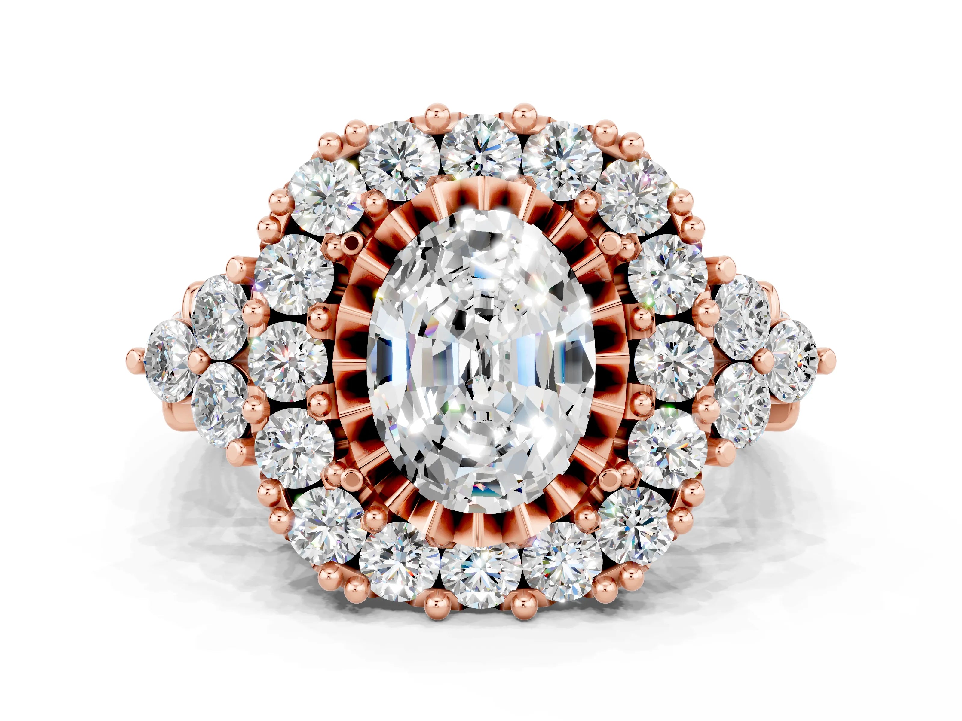 Rose gold Oval Cut Moissanite Halo Ring with Pavé Band and Four-Prong Setting_12