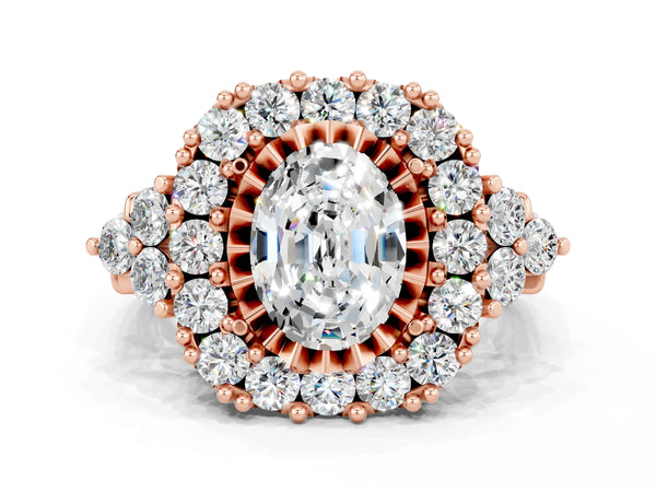 Rose gold Oval Cut Moissanite Halo Ring with Pavé Band and Four-Prong Setting