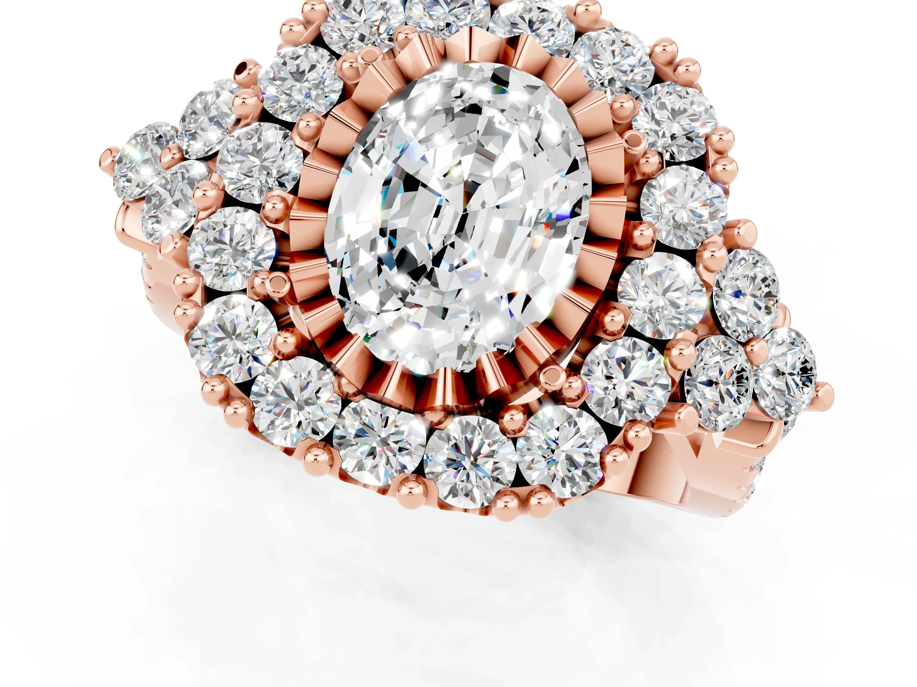 Rose gold Oval Cut Moissanite Halo Ring with Pavé Band and Four-Prong Setting_13