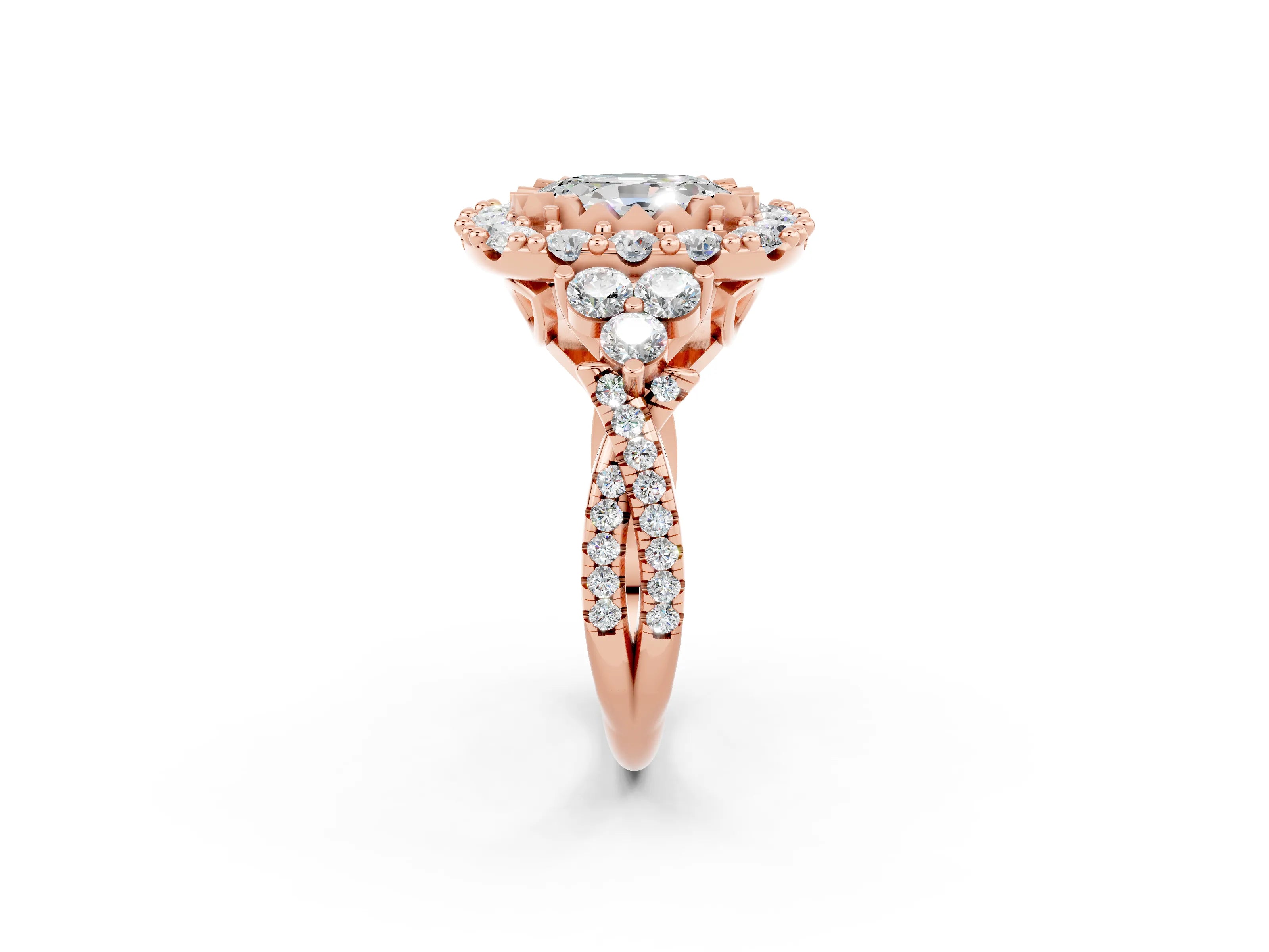 Rose gold Oval Cut Moissanite Halo Ring with Pavé Band and Four-Prong Setting_14