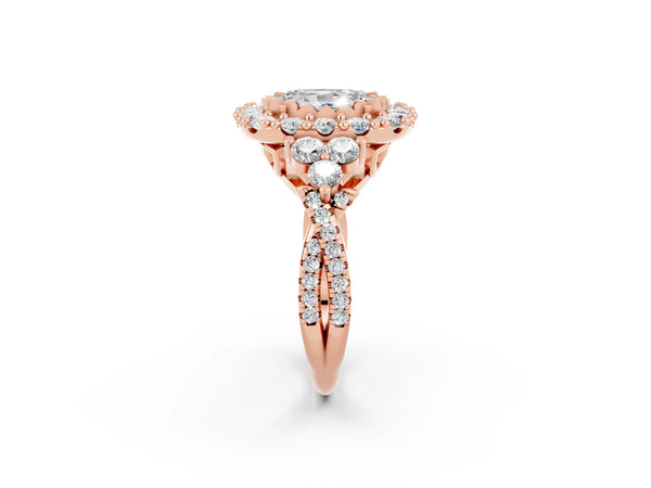 Rose gold Oval Cut Moissanite Halo Ring with Pavé Band and Four-Prong Setting