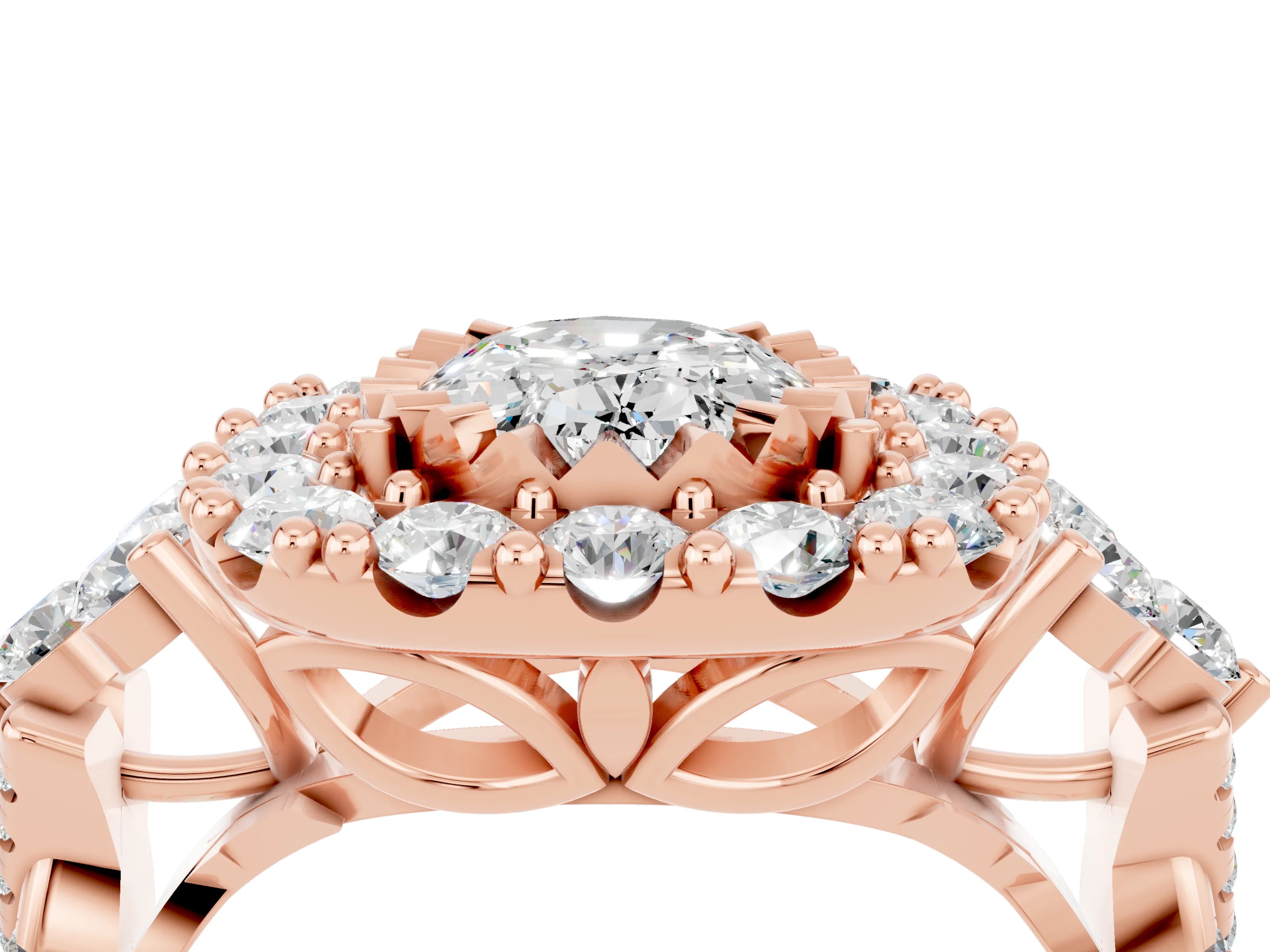 Rose gold Oval Cut Moissanite Halo Ring with Pavé Band and Four-Prong Setting_16