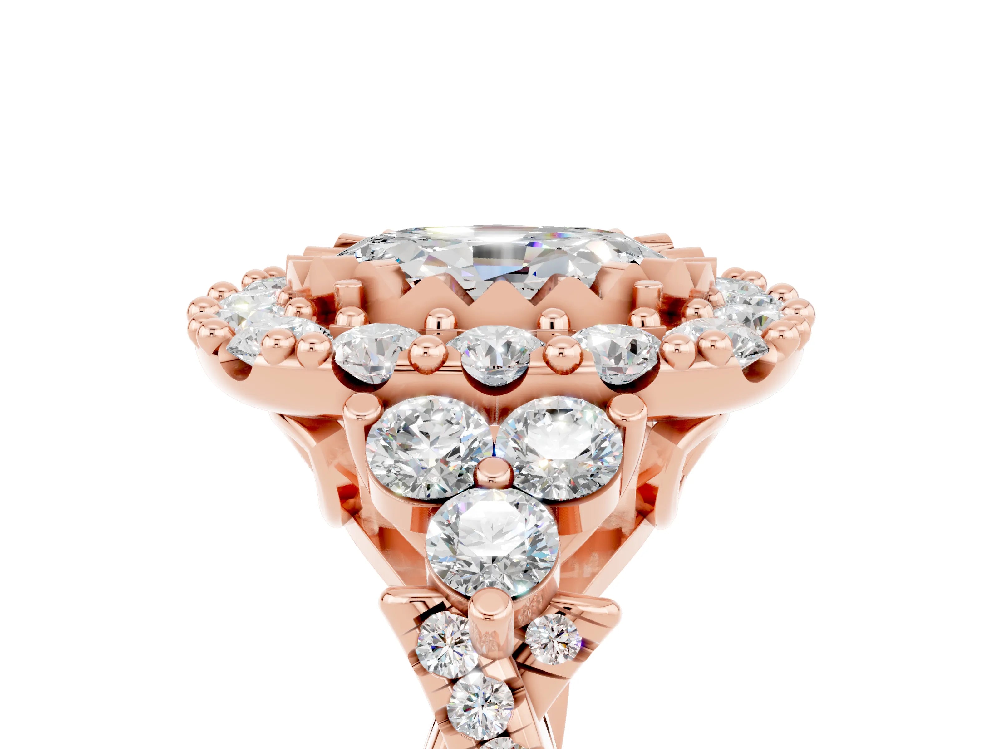 Rose gold Oval Cut Moissanite Halo Ring with Pavé Band and Four-Prong Setting_17