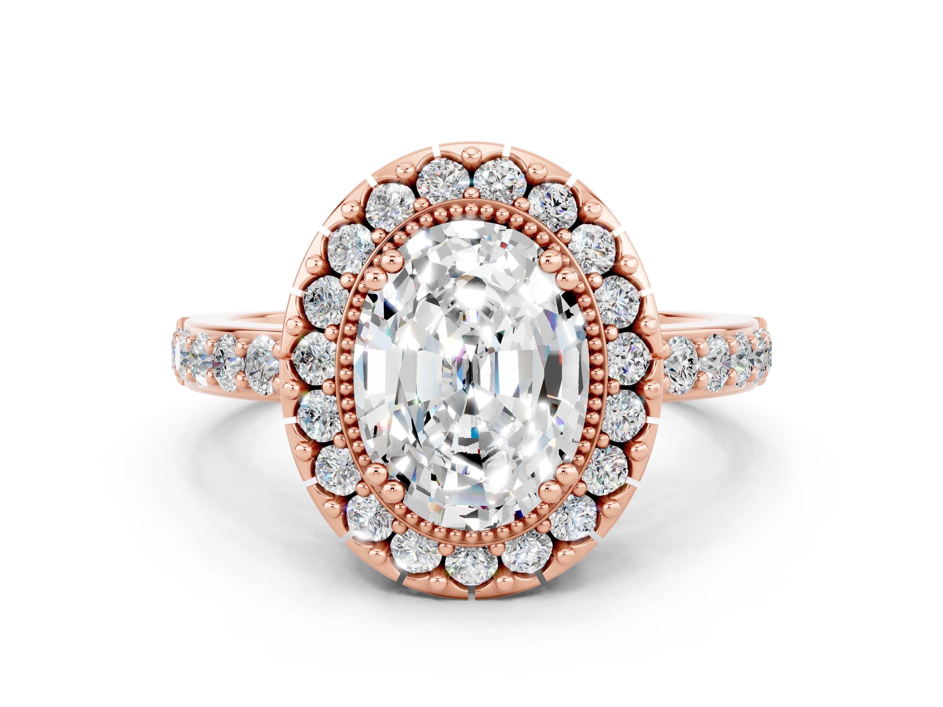 Rose gold Oval Cut Moissanite Halo Ring with Pavé Band and Prong Setting