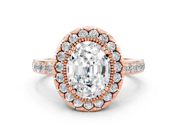 Rose gold Oval Cut Moissanite Halo Ring with Pavé Band and Prong Setting