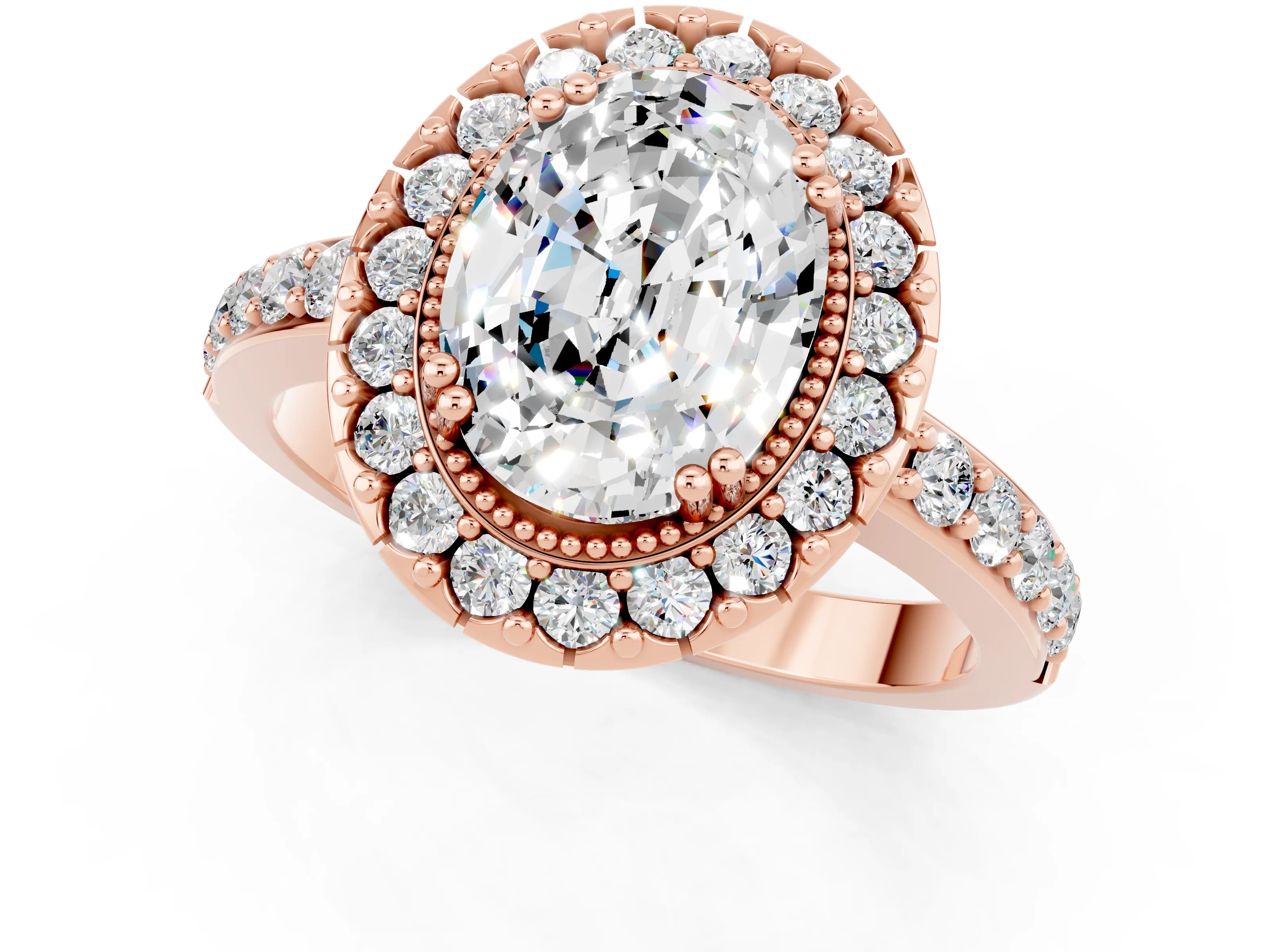 Rose gold Oval Cut Moissanite Halo Ring with Pavé Band and Prong Setting_1