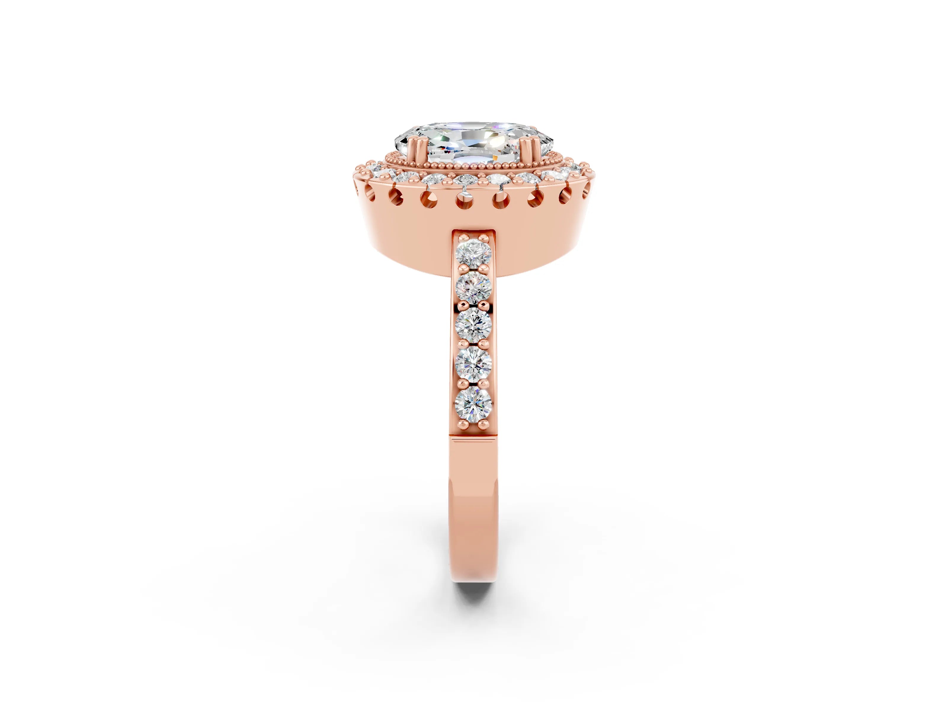 Rose gold Oval Cut Moissanite Halo Ring with Pavé Band and Prong Setting_2
