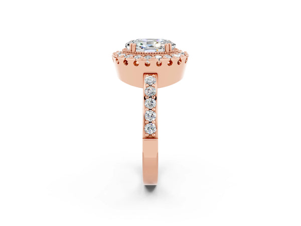 Rose gold Oval Cut Moissanite Halo Ring with Pavé Band and Prong Setting