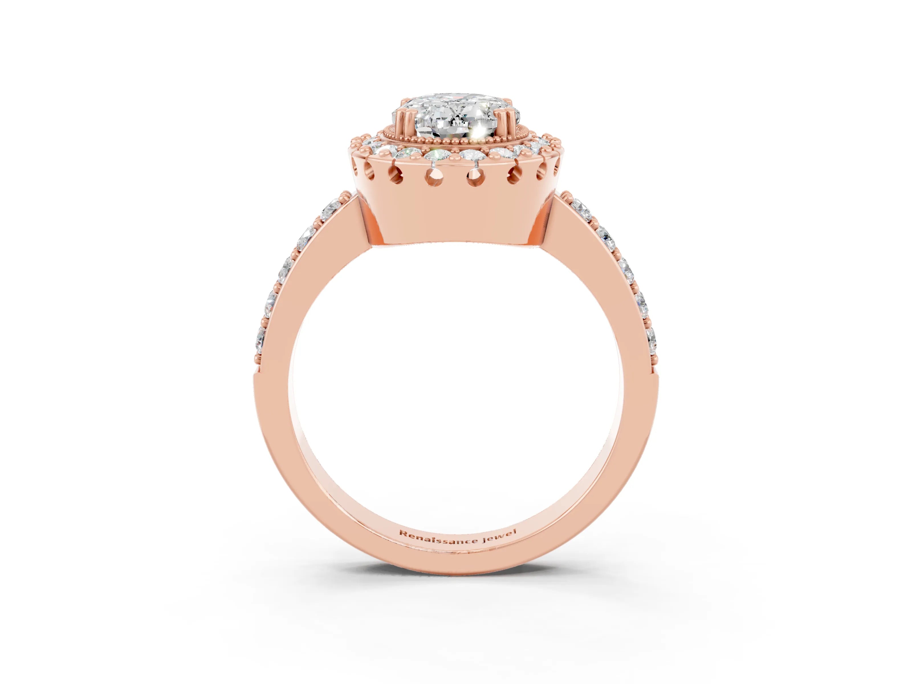 Rose gold Oval Cut Moissanite Halo Ring with Pavé Band and Prong Setting_3