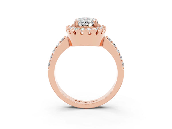 Rose gold Oval Cut Moissanite Halo Ring with Pavé Band and Prong Setting