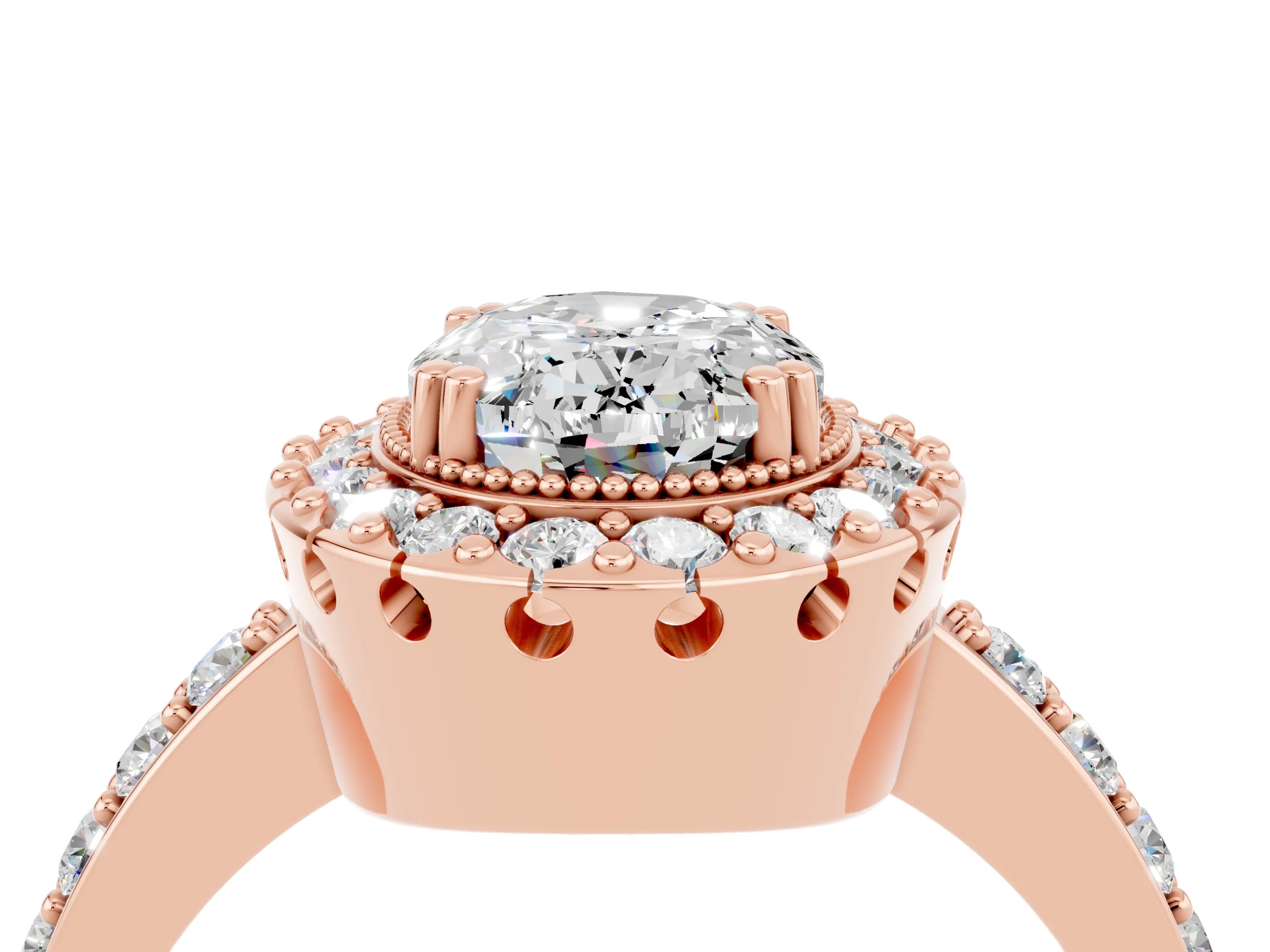 Rose gold Oval Cut Moissanite Halo Ring with Pavé Band and Prong Setting_4