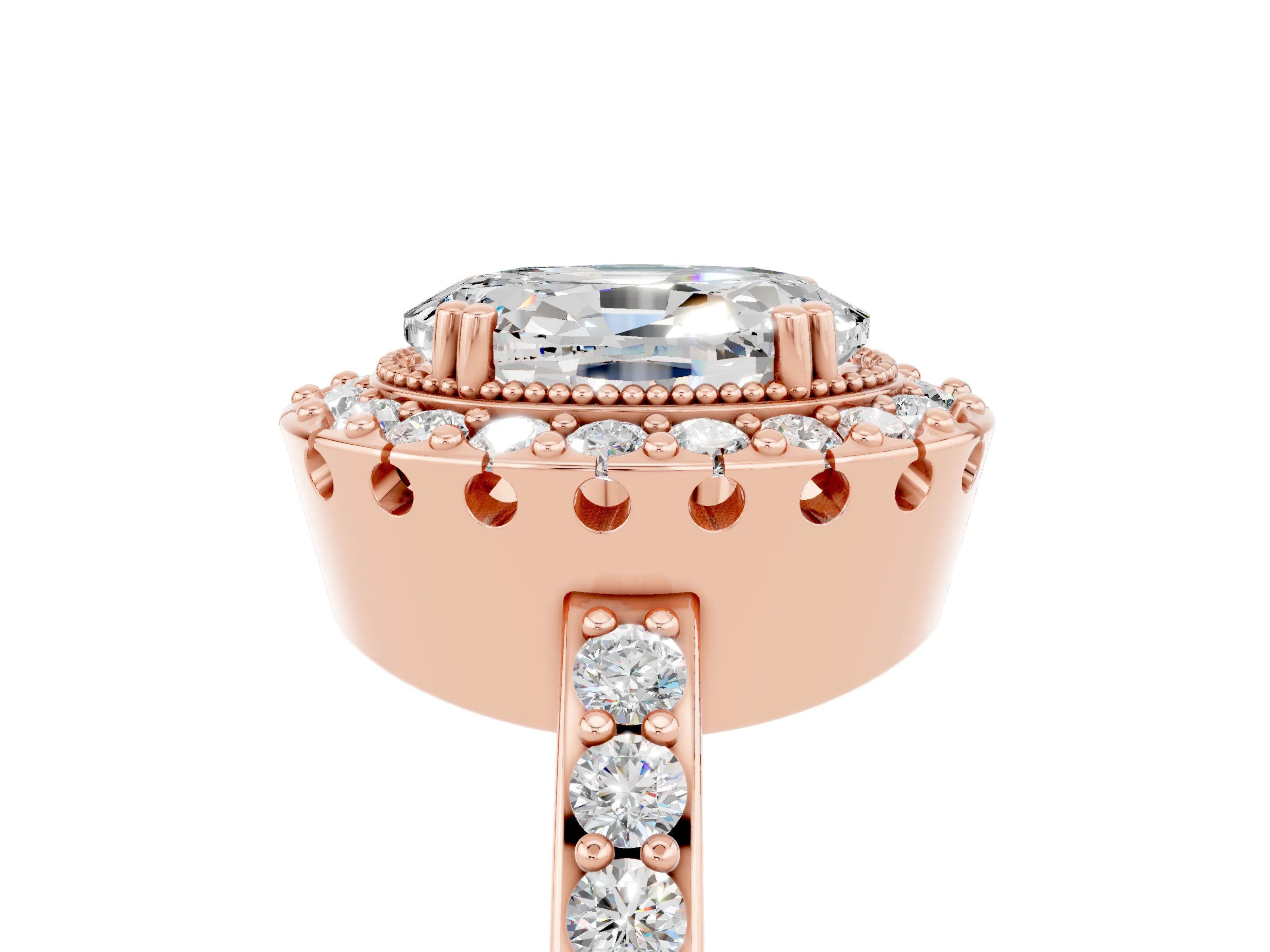 Rose gold Oval Cut Moissanite Halo Ring with Pavé Band and Prong Setting_5