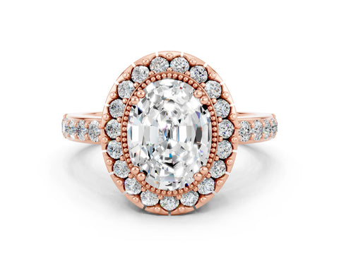 Rose gold Oval Cut Moissanite Halo Ring with Pavé Band and Prong Setting