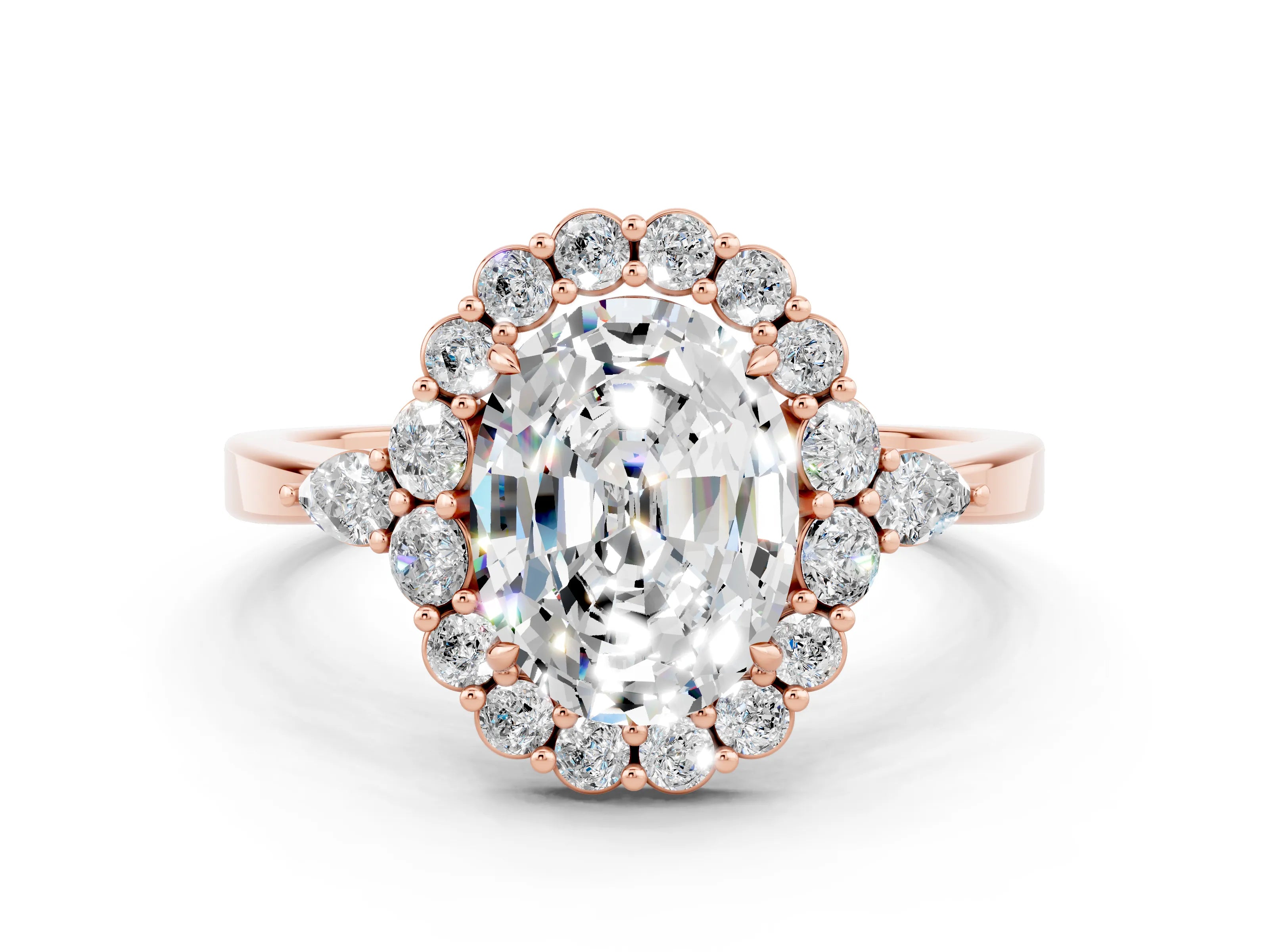 Rose gold Oval Cut Moissanite Halo Ring with Pear Side Stones and Prong Setting_12