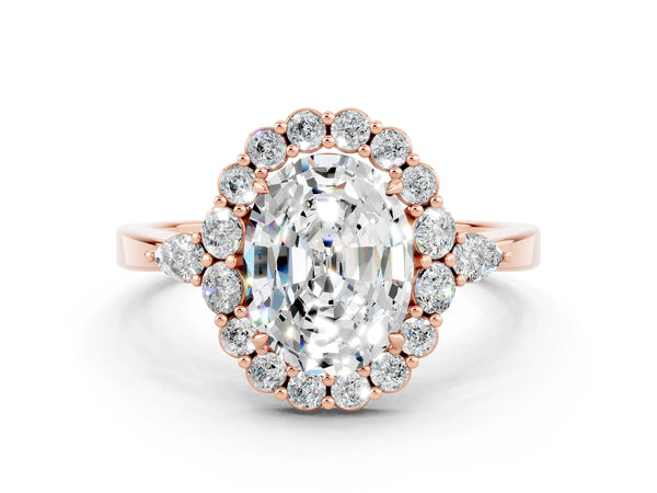 Rose gold Oval Cut Moissanite Halo Ring with Pear Side Stones and Prong Setting