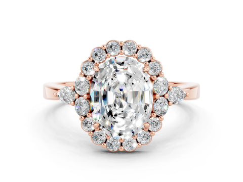Rose gold Oval Cut Moissanite Halo Ring with Pear Side Stones and Prong Setting_12