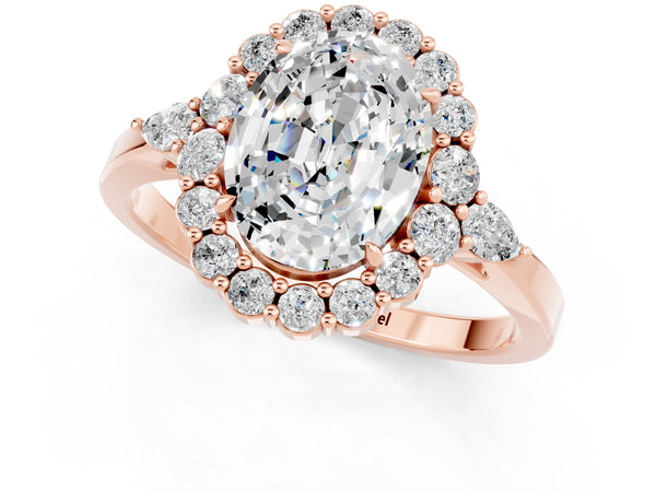 Rose gold Oval Cut Moissanite Halo Ring with Pear Side Stones and Prong Setting