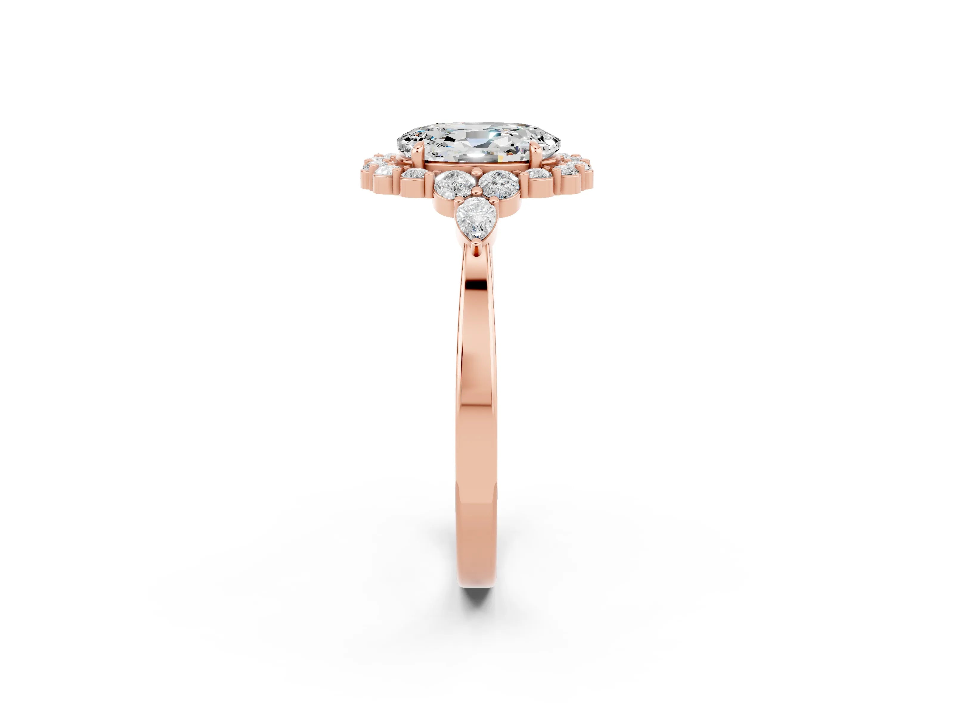 Rose gold Oval Cut Moissanite Halo Ring with Pear Side Stones and Prong Setting_14