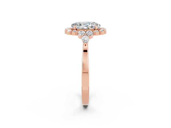 Rose gold Oval Cut Moissanite Halo Ring with Pear Side Stones and Prong Setting