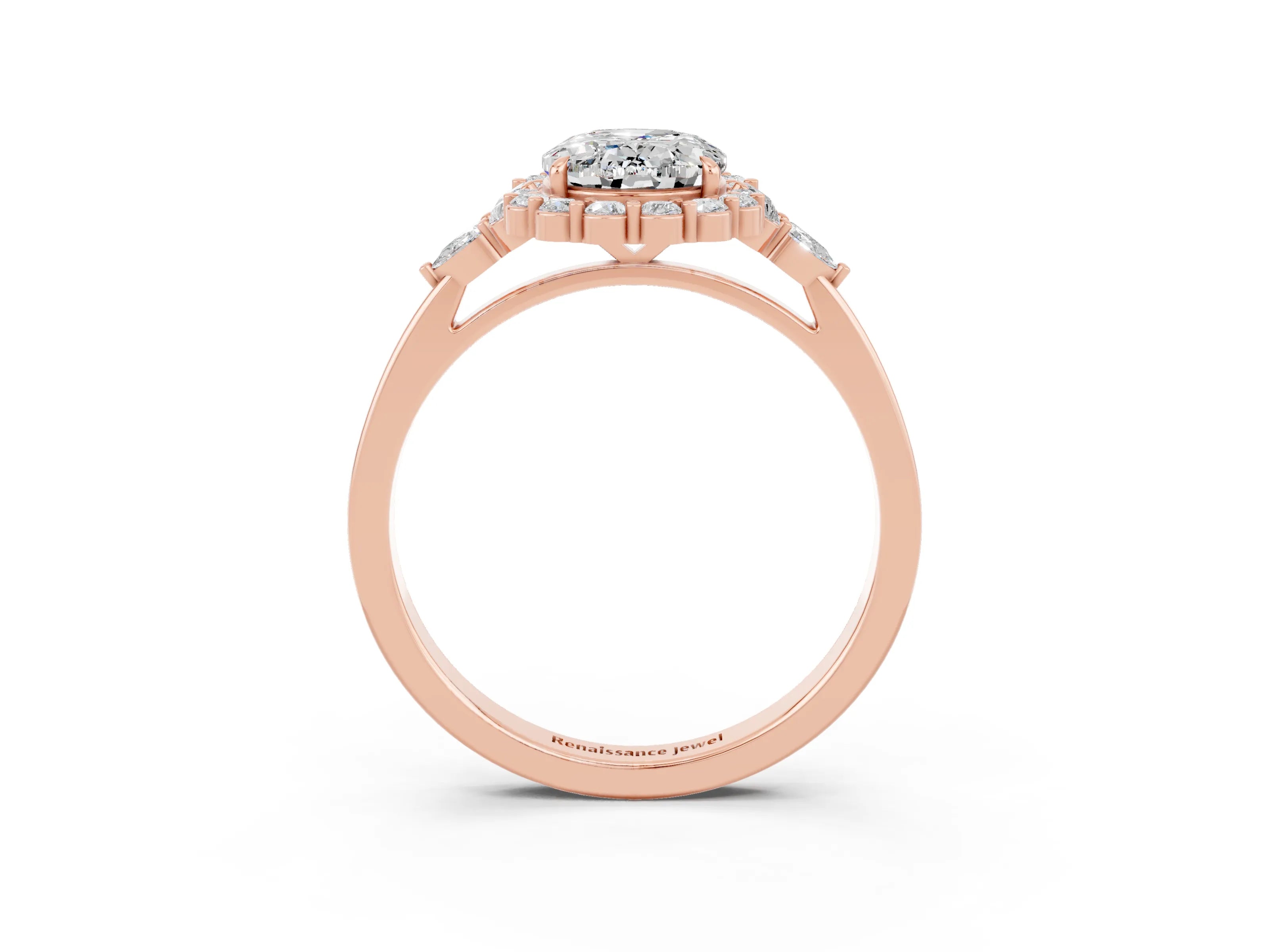 Rose gold Oval Cut Moissanite Halo Ring with Pear Side Stones and Prong Setting_15