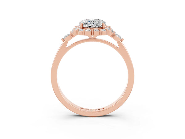 Rose gold Oval Cut Moissanite Halo Ring with Pear Side Stones and Prong Setting