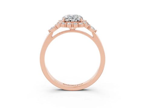 Rose gold Oval Cut Moissanite Halo Ring with Pear Side Stones and Prong Setting_15