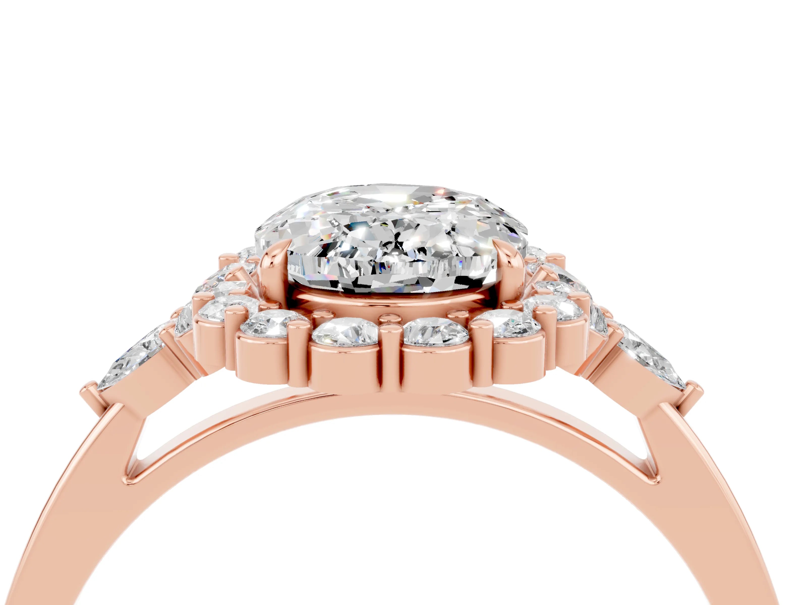 Rose gold Oval Cut Moissanite Halo Ring with Pear Side Stones and Prong Setting_16