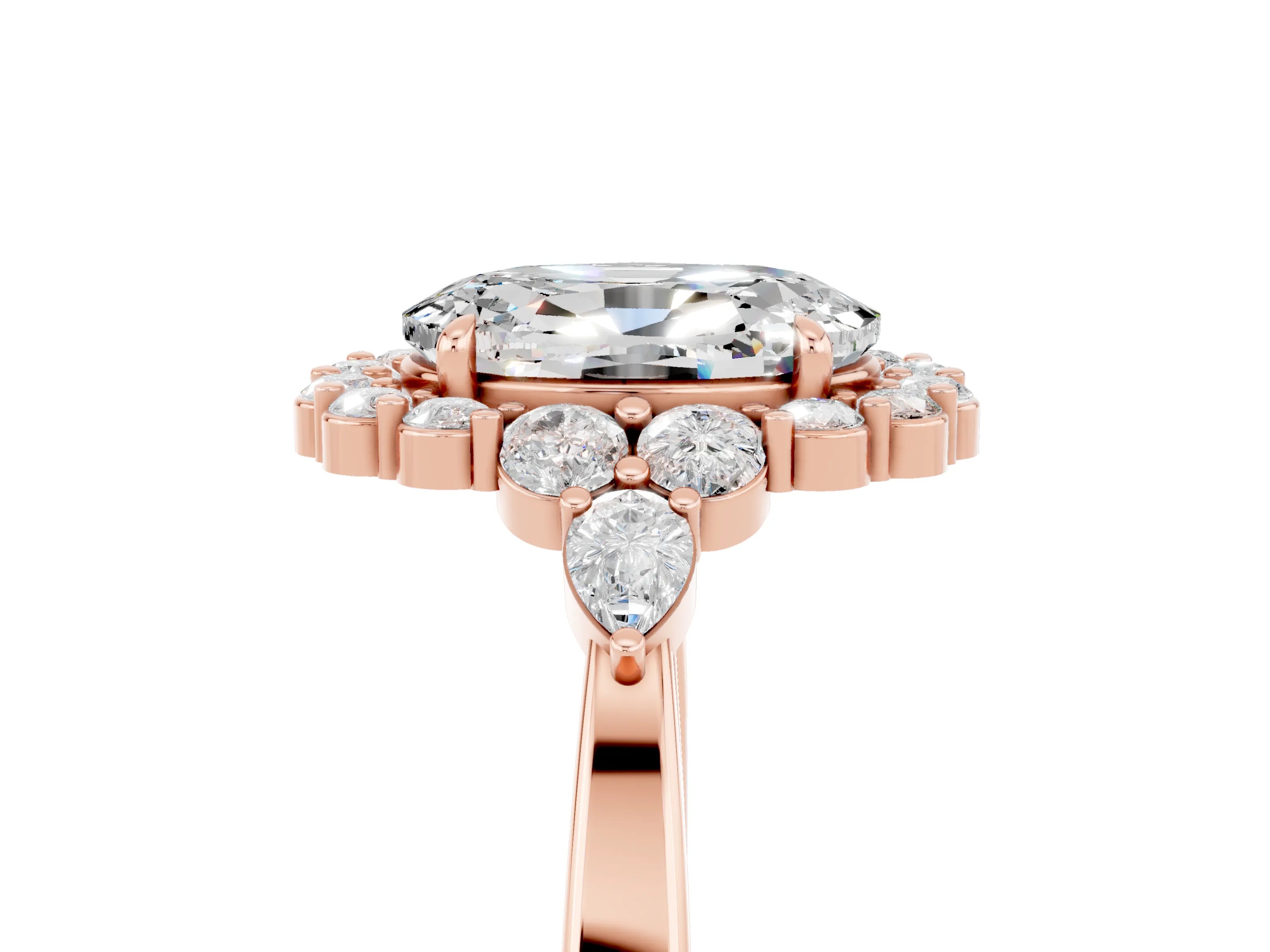 Rose gold Oval Cut Moissanite Halo Ring with Pear Side Stones and Prong Setting_17