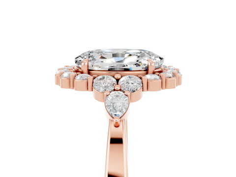 Rose gold Oval Cut Moissanite Halo Ring with Pear Side Stones and Prong Setting_17