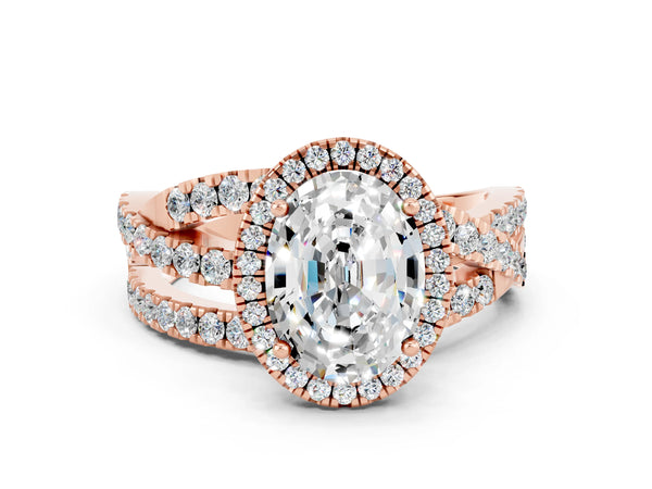 Rose gold Oval Cut Moissanite Halo Ring with Round Split Shank and Prong Setting