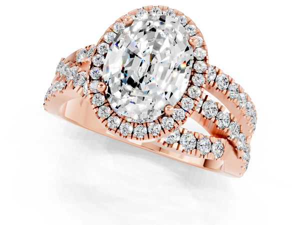 Rose gold Oval Cut Moissanite Halo Ring with Round Split Shank and Prong Setting