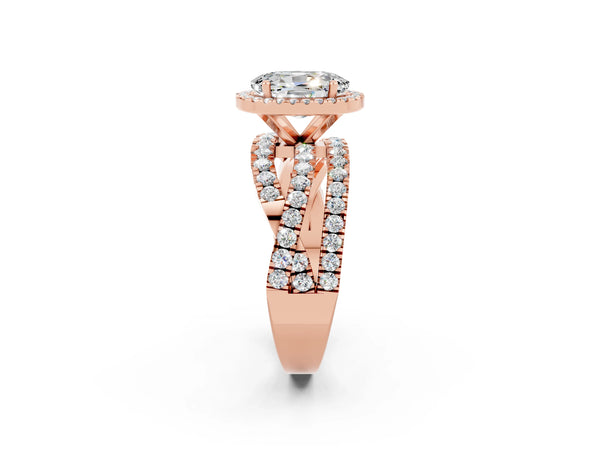 Rose gold Oval Cut Moissanite Halo Ring with Round Split Shank and Prong Setting